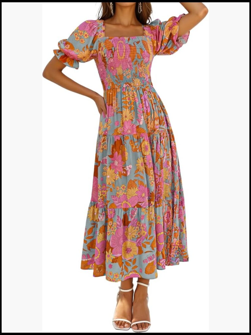 Boho Floral Print Maxi Dress with Square Neck and Ruffle Sleeves - Picture 1 of 7
